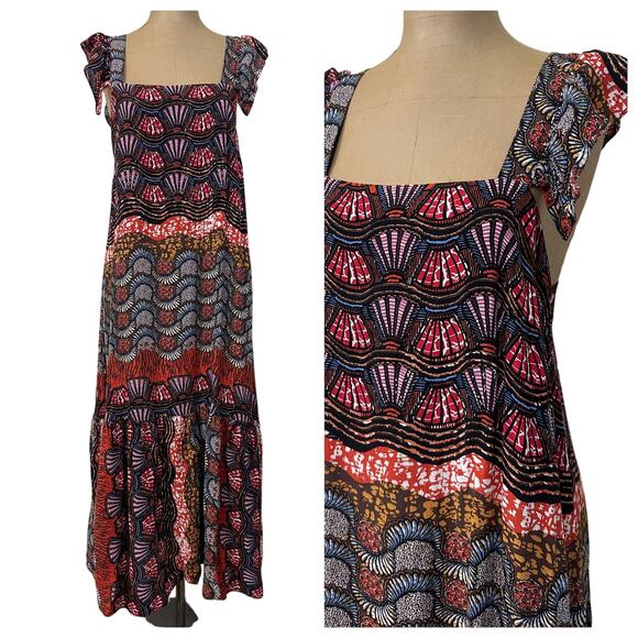 Corey Lynn Calter Midi Dress Size Small Boho Red Abstract Doriane Tiered - Picture 5 of 7